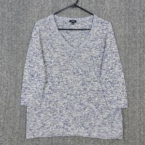 Talbots Sweater Womens Large Blue White Heathered Linen Silk Blend V Neck Knit